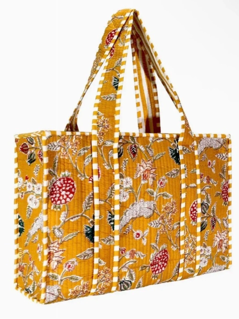 100% Cotton Handmade Mustard Floral Beach Tote Bag Small Vacation Coastal